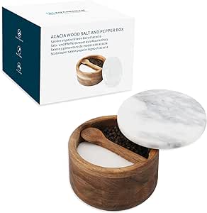 Acacia Wood Salt and Pepper Box Bowl Cellar with Grey Marble Lid and Built-in Spoon