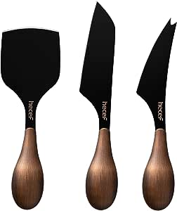 hecef Cheese Knife Set of 3, Bronze Grain Multipurpose Cheese Knife, Retro Cheese Knife, Set Includes Pronged Knife, Hard Cheese Knife & Chisel Knife, Black,
