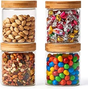 et of 4 High Borosilicate Glass Storage Jars with Airtight Bamboo Screw-on Lid