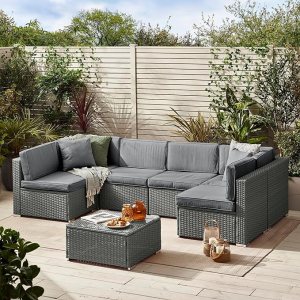 Rattan Garden Furniture - Orlando Outdoor Furniture Sofa Set - Modern & Elegant 6 Seater Garden Patio Table, Cushions and Chairs - Cover Included (Stone Grey)